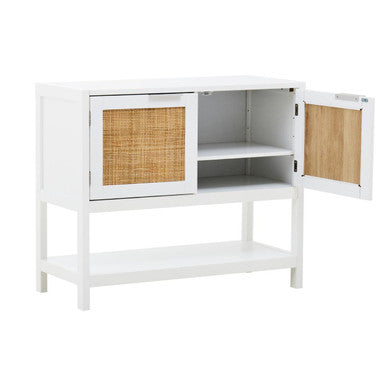 Sherman White Wood and Rattan Two Drawer Side Cabinet