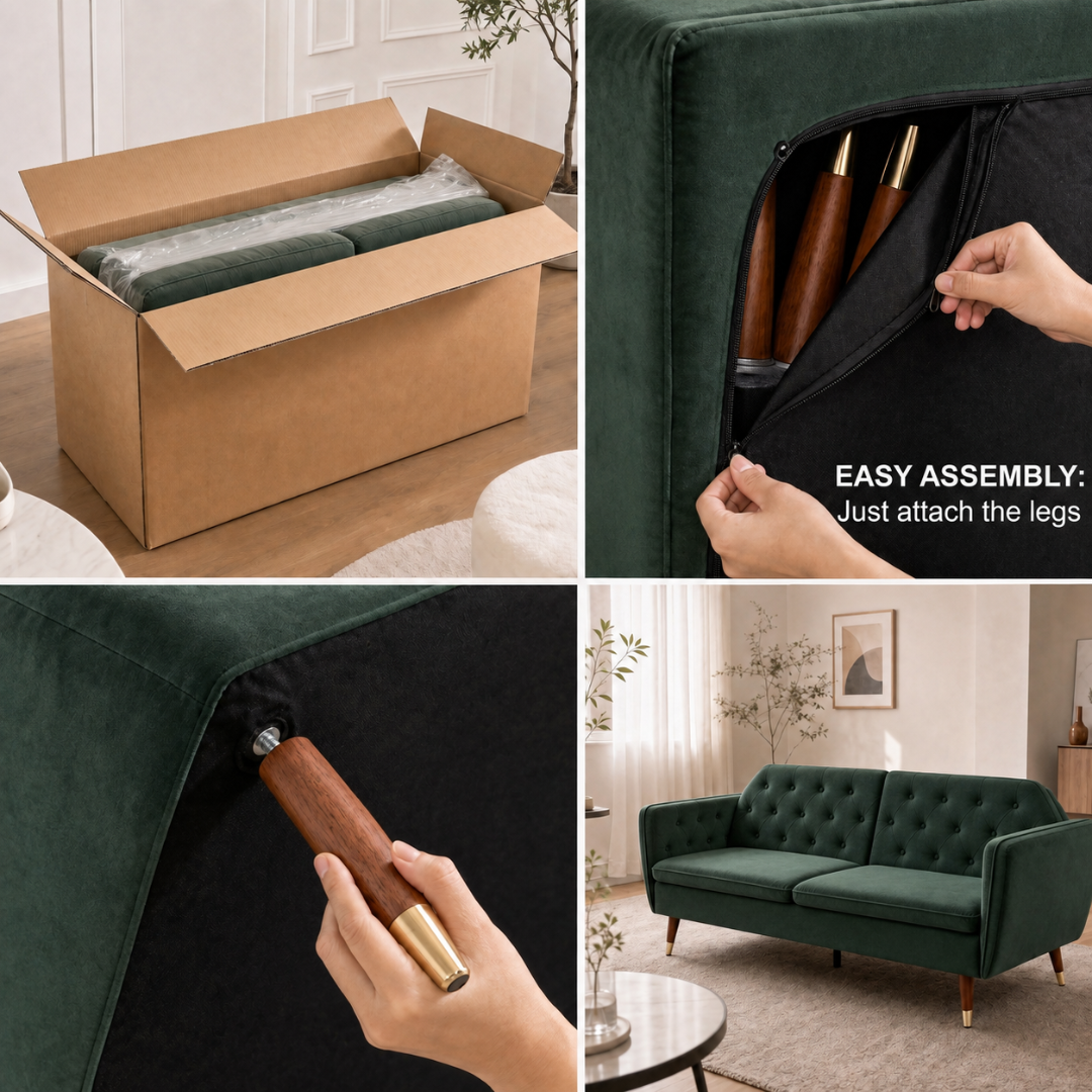 Victoria Velvet Sofa Bed, Emerald Green 3 Seater Click Clack Sofa Bed with Split Back, Button Tufting and Gold Legs