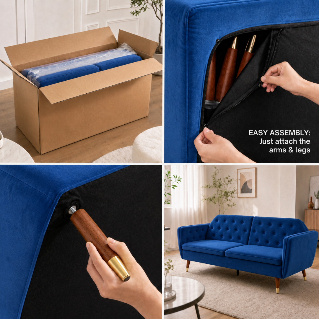 Victoria Velvet Sofa Bed, Blue 3 Seater Click Clack Sofa Bed with Split Back, Button Tufting and Gold Legs