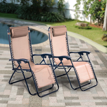 Zero Gravity Reclining Sun Loungers Weatherproof Beige Set of 2-Bargainia.com