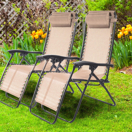 Zero Gravity Reclining Sun Loungers Weatherproof Beige Set of 2-Bargainia.com