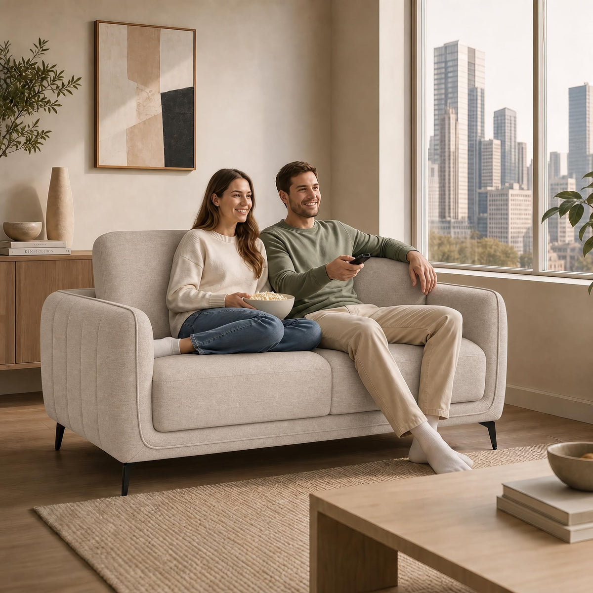 Brixton Cream Fabric Sofa, 2 Seater Linen Look Settee with Solid Wood Frame, Foam Cushions and Steel Legs