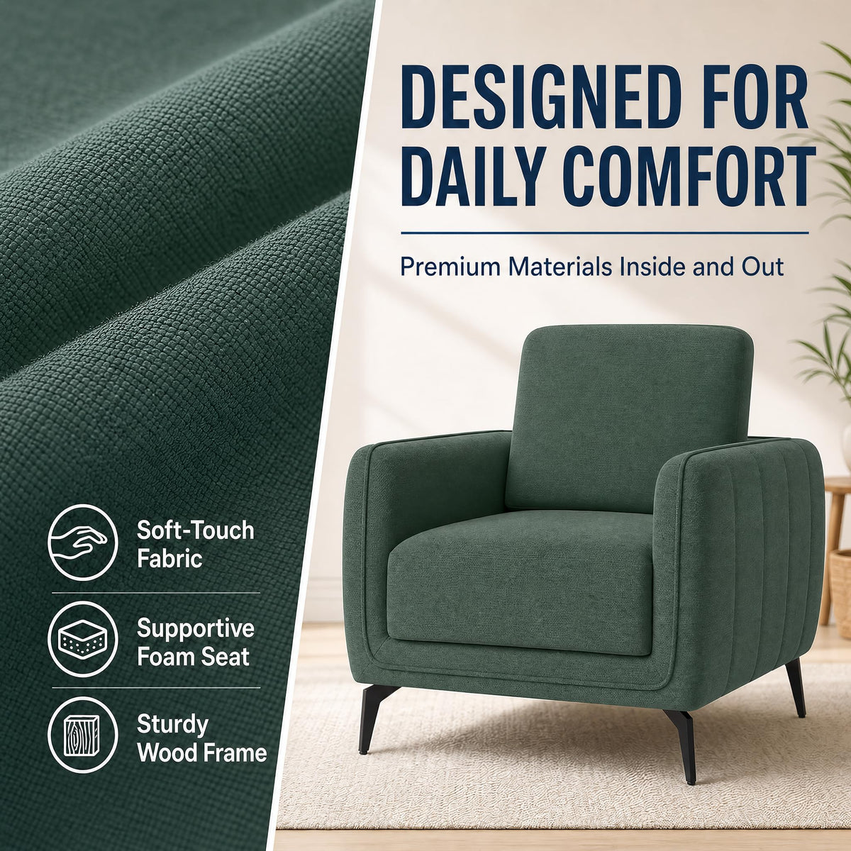 Brixton Green Linen Look Fabric Armchair, Modern Accent Chair with Solid Wood Frame and Black Steel Legs