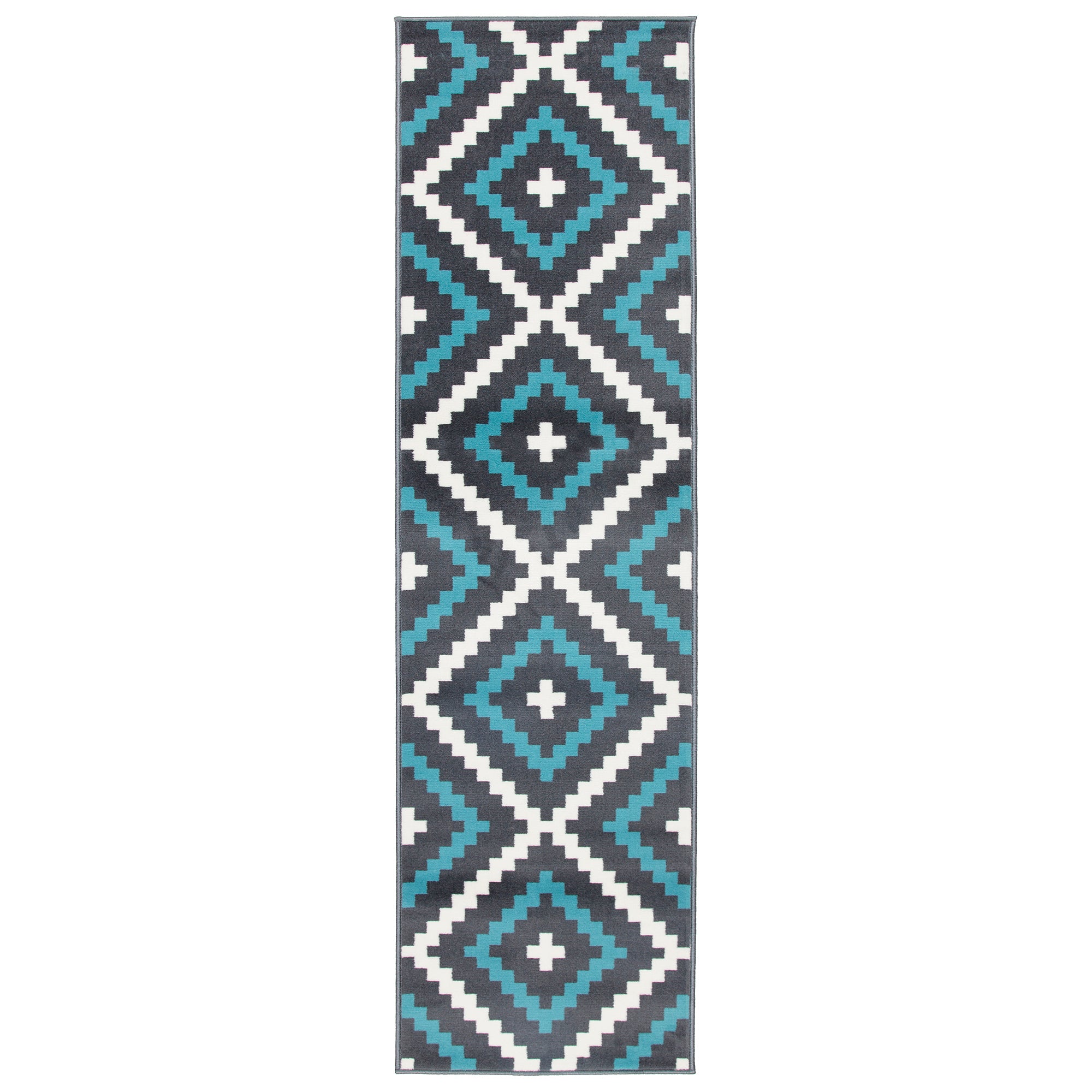 Stair Runner Hessian Backed Kitchen Mat - Texas Blue & Grey Geometric Tiles Stair Runner Rug Masters