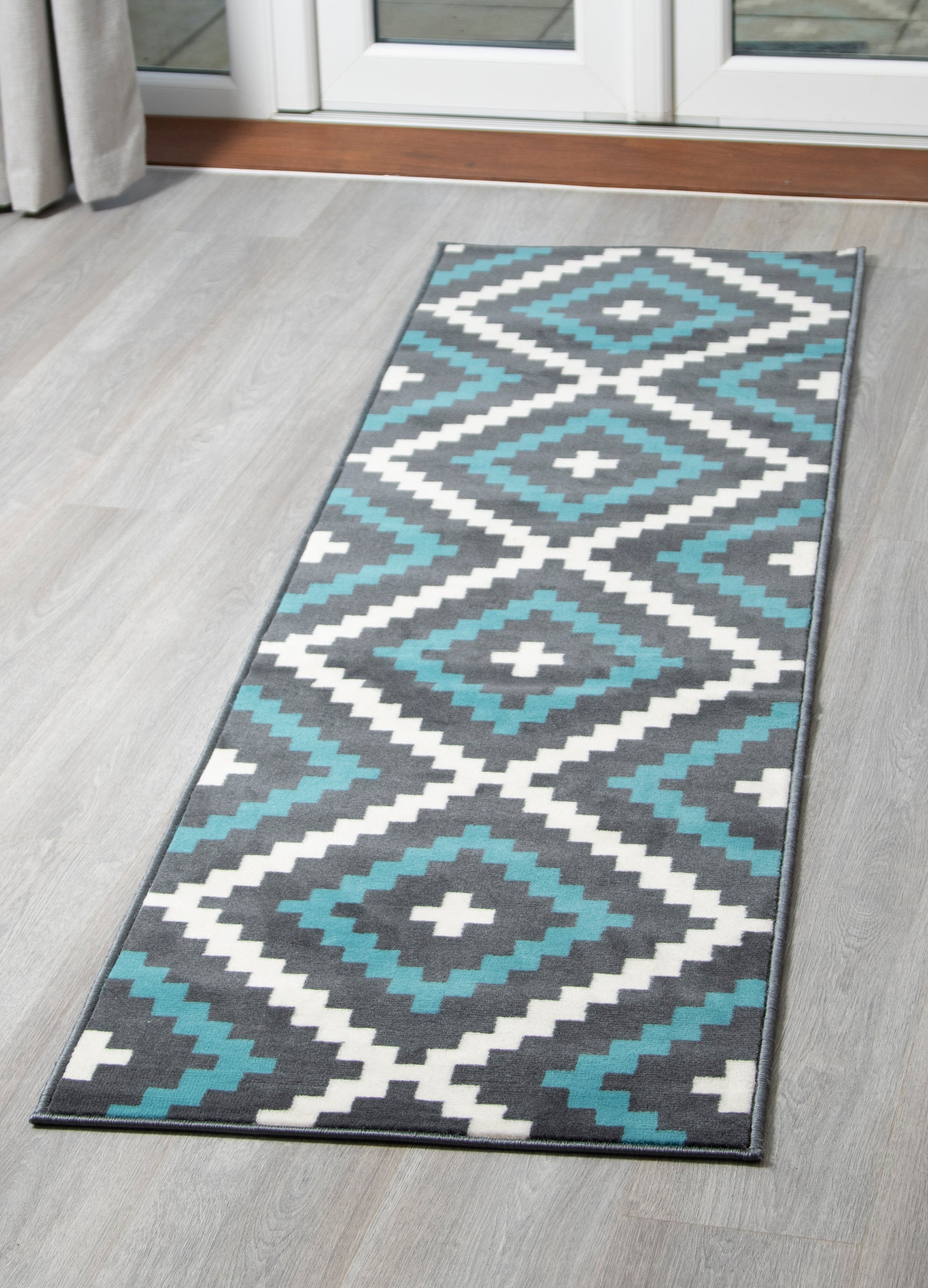 Stair Runner Hessian Backed Kitchen Mat - Texas Blue & Grey Geometric Tiles Stair Runner Rug Masters