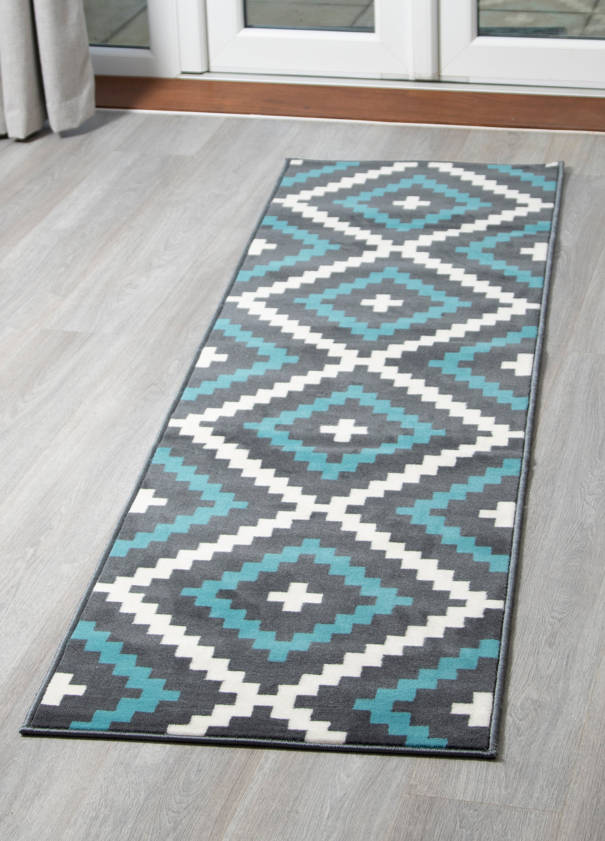 Stair Runner Hessian Backed Kitchen Mat - Texas Blue & Grey Geometric Tiles Stair Runner Rug Masters