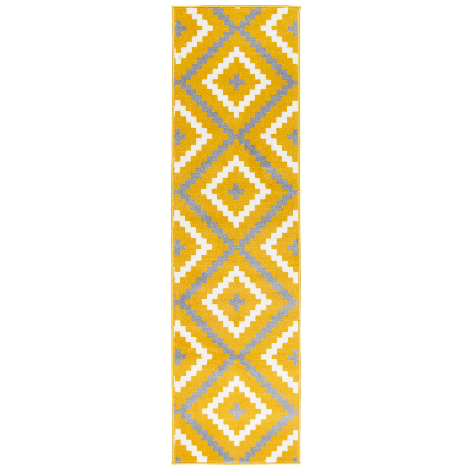 Stair Runner Hard Wearing Kitchen Mat - Texas Yellow & Grey Geometric Tiles Stair Runner Rug Masters