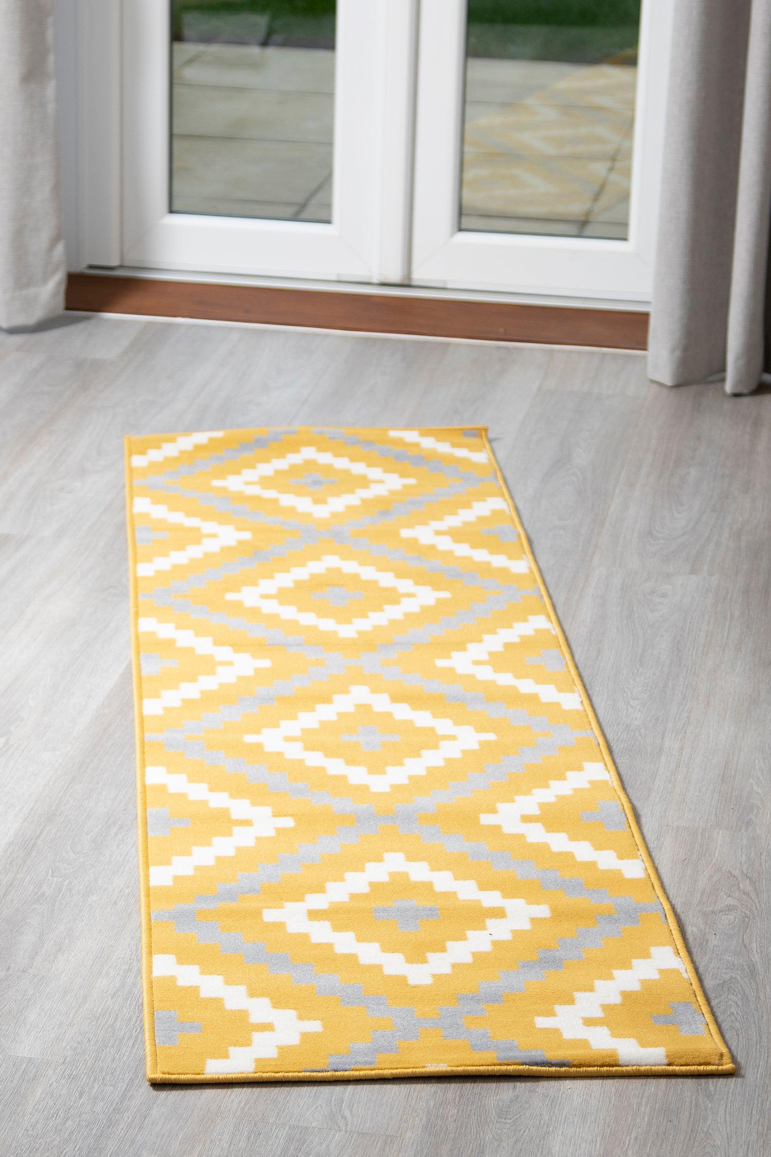 Stair Runner Hard Wearing Kitchen Mat - Texas Yellow & Grey Geometric Tiles Stair Runner Rug Masters