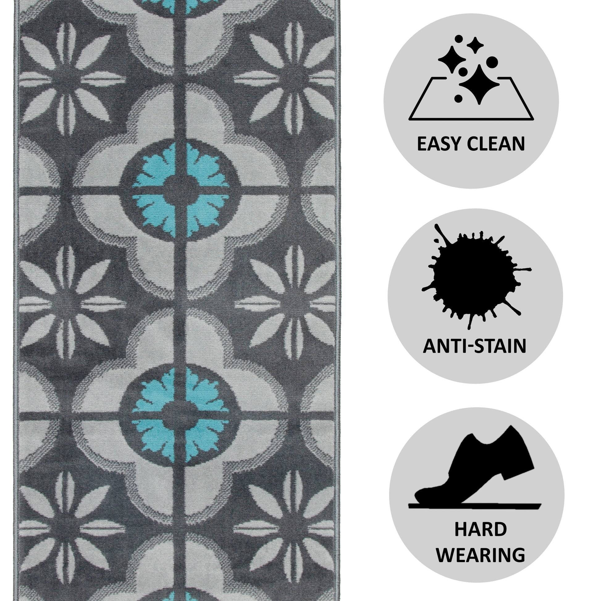 Hard Wearing Hessian Backed Stair Runner Kitchen Mat - Texas Blue & Grey Floral Stair Runner Rug Masters