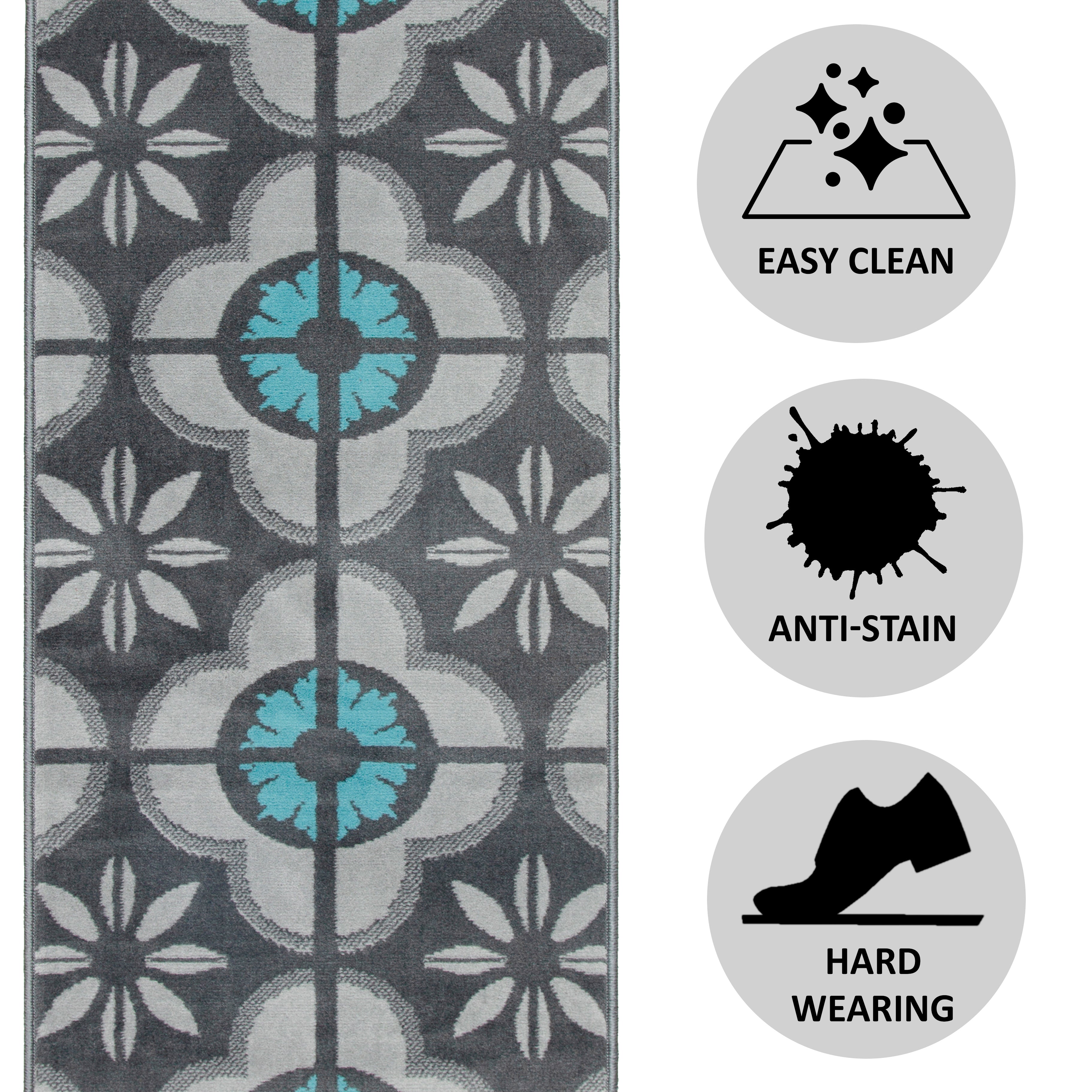 Hard Wearing Hessian Backed Stair Runner Kitchen Mat - Texas Blue & Grey Floral Stair Runner Rug Masters