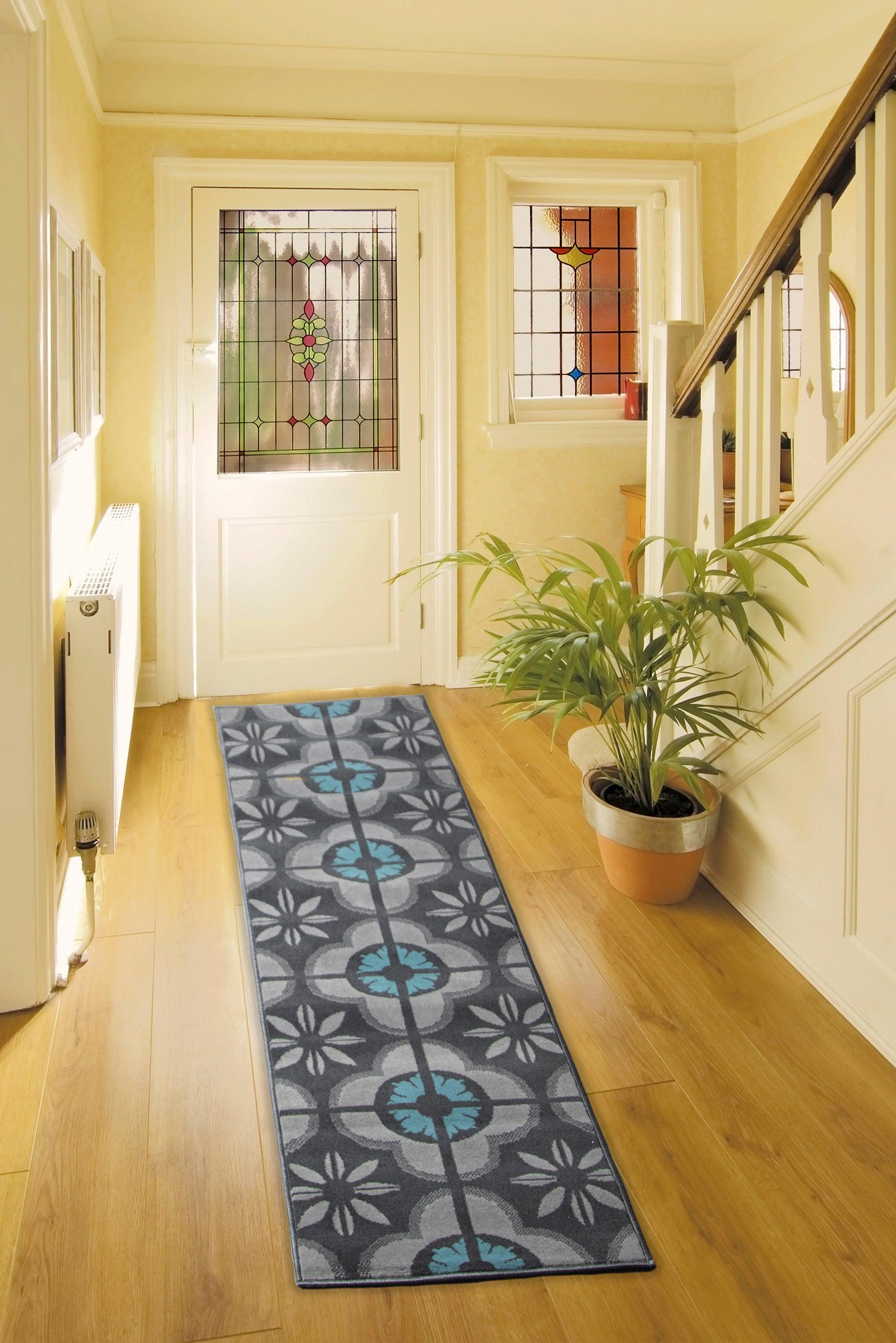 Hard Wearing Hessian Backed Stair Runner Kitchen Mat - Texas Blue & Grey Floral Stair Runner Rug Masters