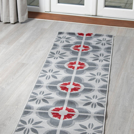 Red & Grey Floral Tiles Stair Runner / Kitchen Mat - Texas (Custom Sizes Available)-5056150271314-Bargainia.com