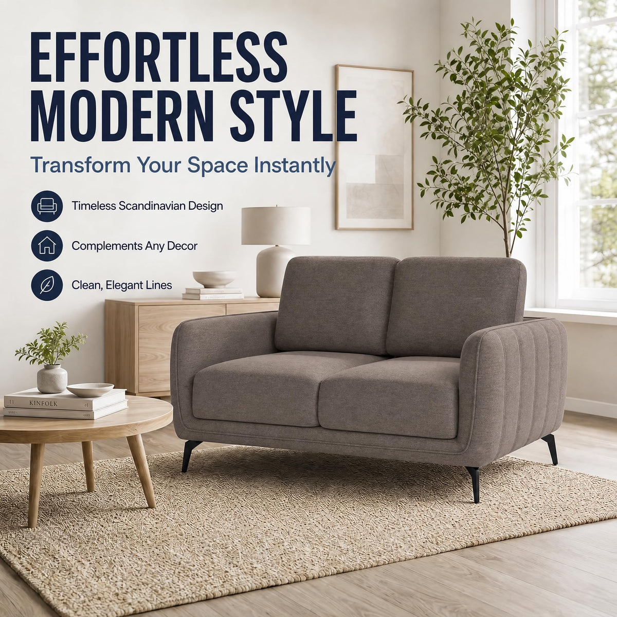 Brixton Dark Brown Fabric Sofa, 2 Seater Linen Look Settee with Solid Wood Frame, Foam Cushions and Steel Legs