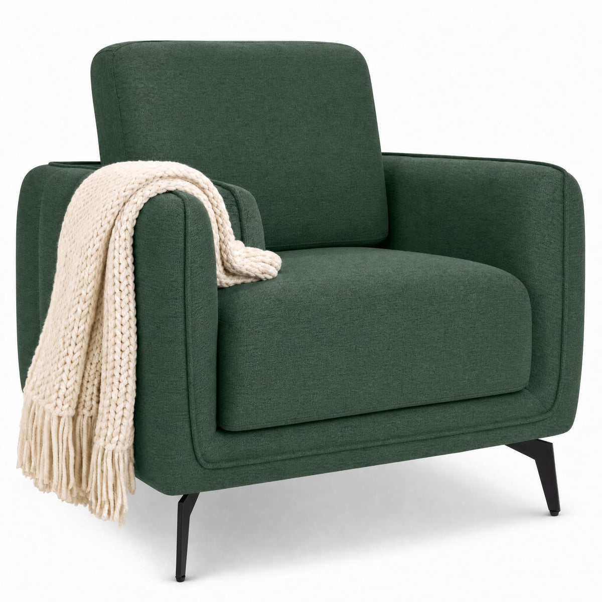 Brixton Green Linen Look Fabric Armchair, Modern Accent Chair with Solid Wood Frame and Black Steel Legs