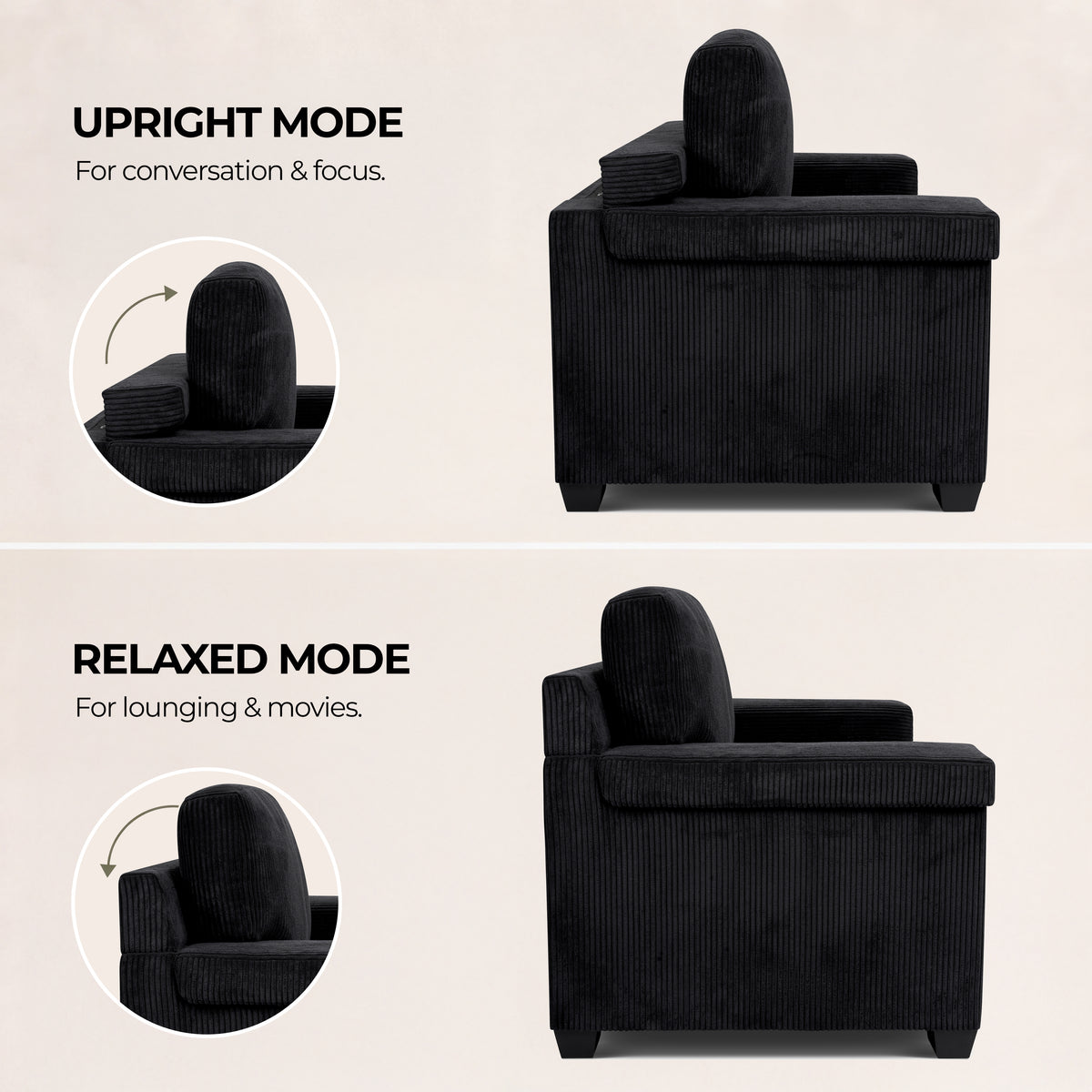 Enzo Corduroy Sofa Set, Black 2 and 3 Seater Sofas with Adjustable Backs, Foam Cushions and Solid Wood Frame