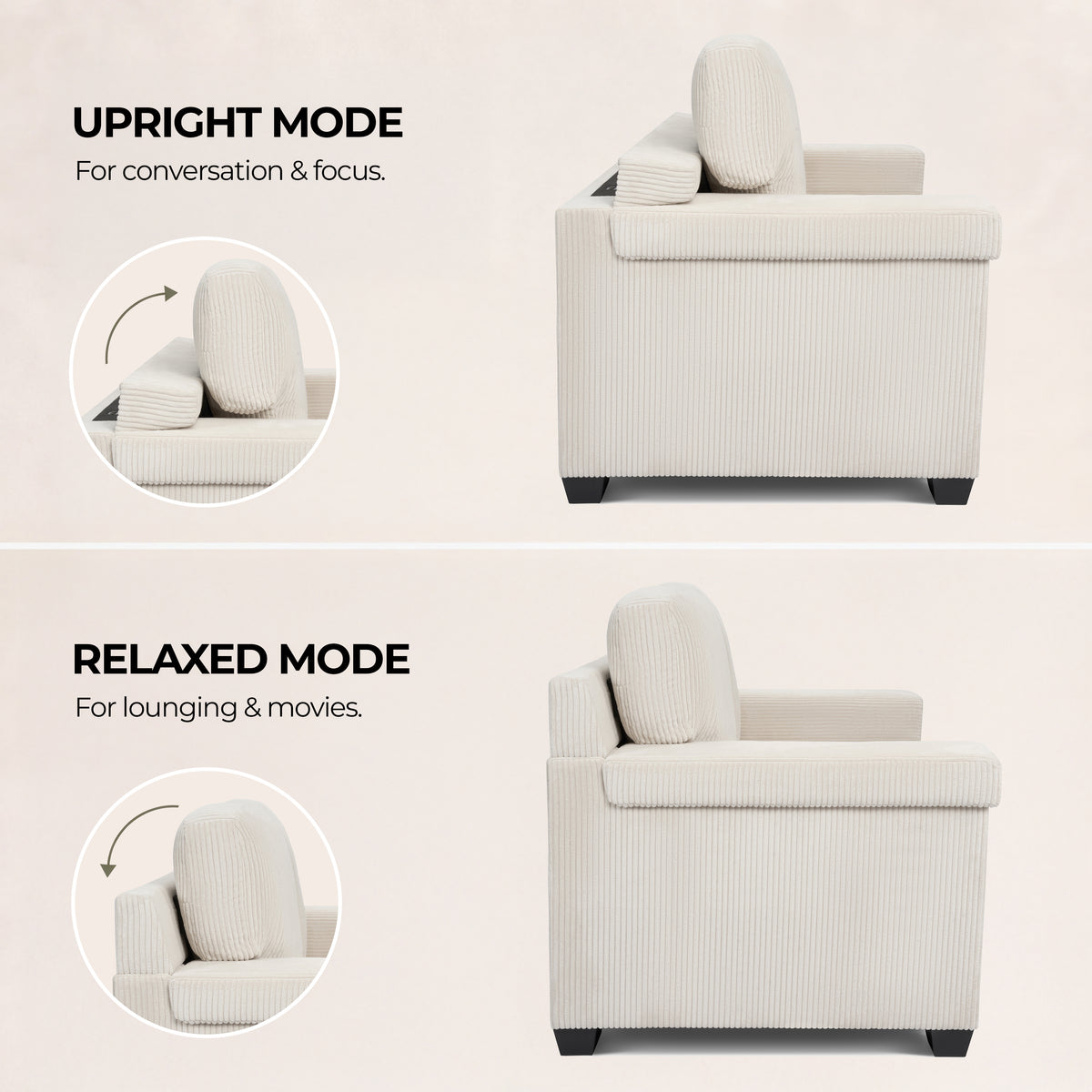 Enzo Corduroy Sofa Set, Cream 2 and 3 Seater Sofas with Adjustable Backs, Foam Cushions and Solid Wood Frame