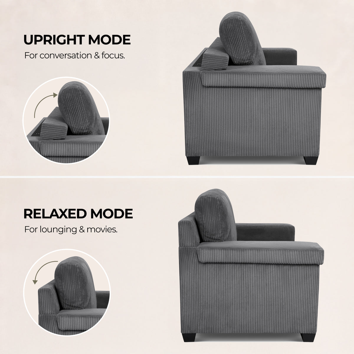 Enzo Grey Corduroy Sofa, 2 Seater Fabric Settee with Adjustable Back, Thick Foam Cushions and Wooden Feet