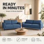 Brixton Blue Fabric Sofa Set, 2 Seater and 3 Seater Linen Look Settees with Solid Wood Frame and Steel Legs