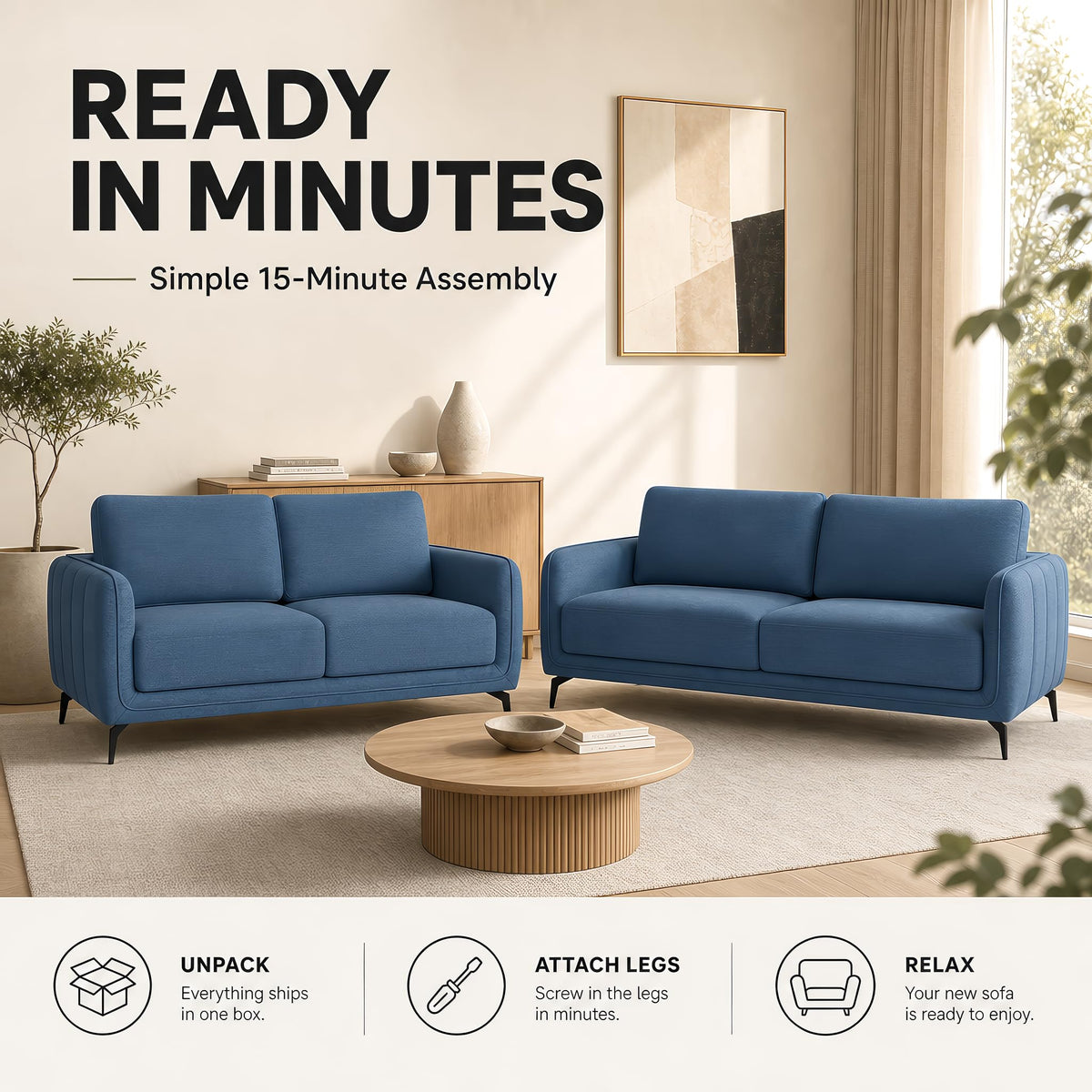Brixton Blue Fabric Sofa Set, 2 Seater and 3 Seater Linen Look Settees with Solid Wood Frame and Steel Legs