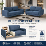 Brixton Blue Fabric Sofa Set, 2 Seater and 3 Seater Linen Look Settees with Solid Wood Frame and Steel Legs