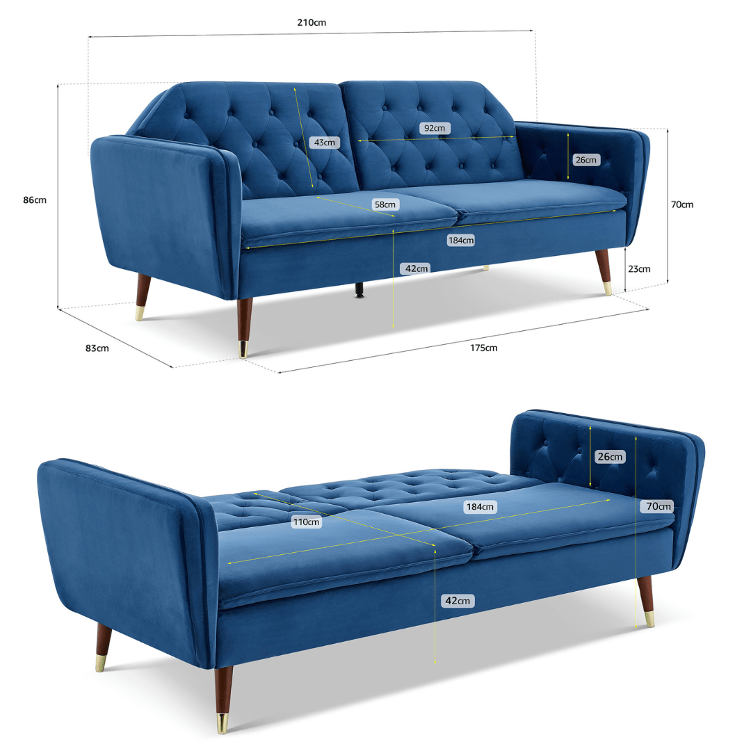 3 Seater Sofa Bed Blue Velvet Button Back - Victoria Sofas Bargainia