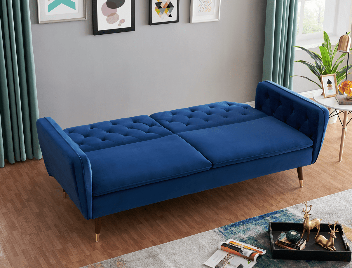 3 Seater Sofa Bed Blue Velvet Button Back - Victoria - Bargainia.com - 