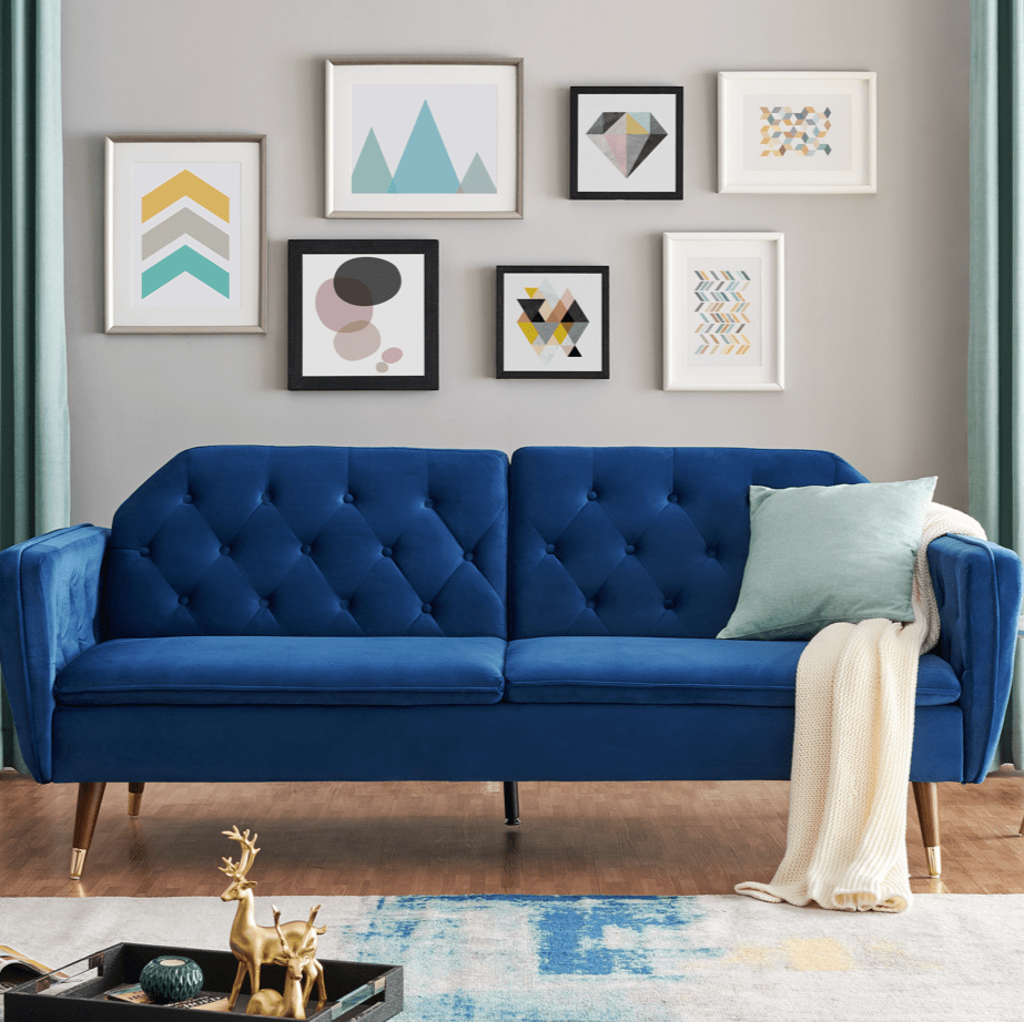 3 Seater Sofa Bed Blue Velvet Button Back - Victoria Sofas Bargainia