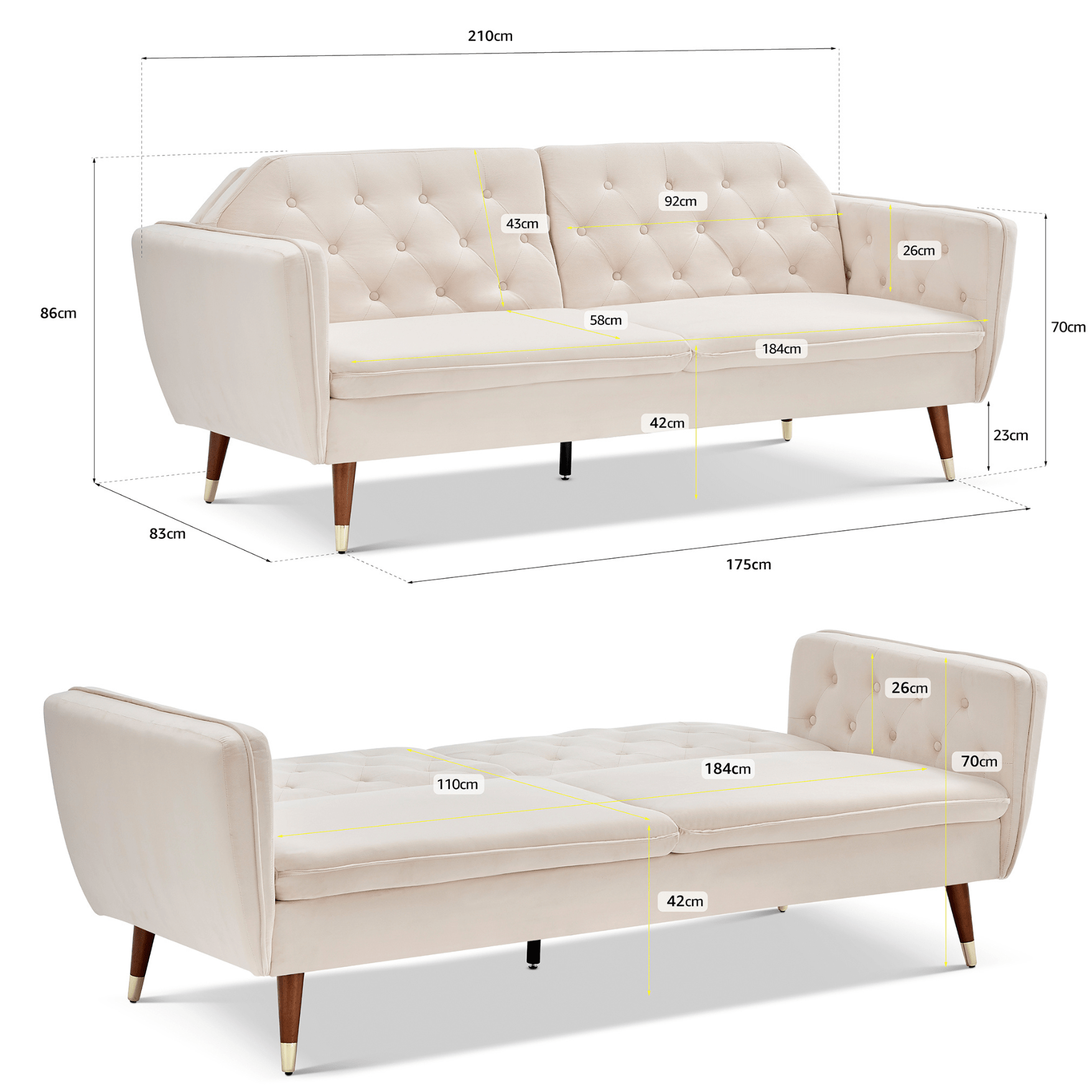 3 Seater Sofa Bed Cream Velvet Button Back - Victoria Sofas Bargainia