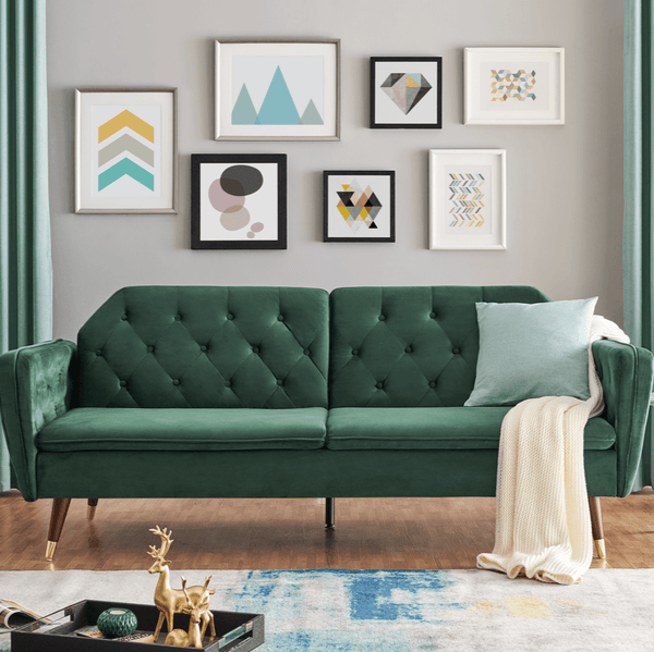 3 Seater Sofa Bed Emerald Green Velvet Button Back - Victoria Bargainia