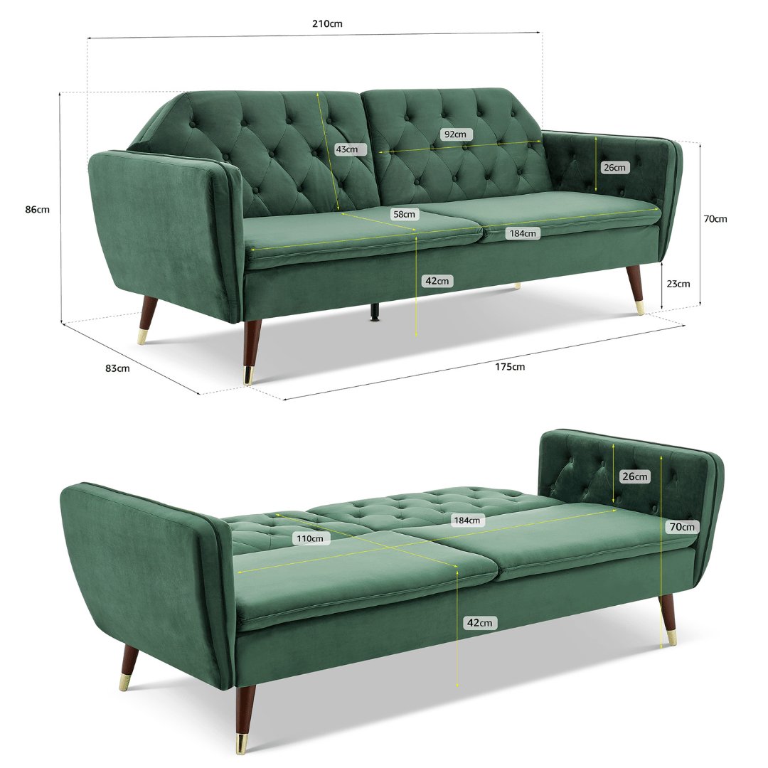 3 Seater Sofa Bed Emerald Green Velvet Button Back - Victoria - Bargainia.com - 
