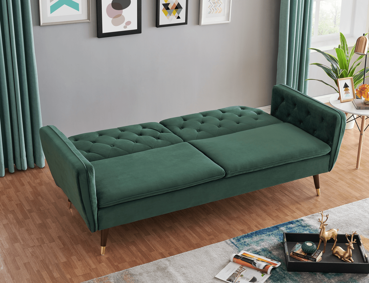 3 Seater Sofa Bed Emerald Green Velvet Button Back - Victoria Bargainia
