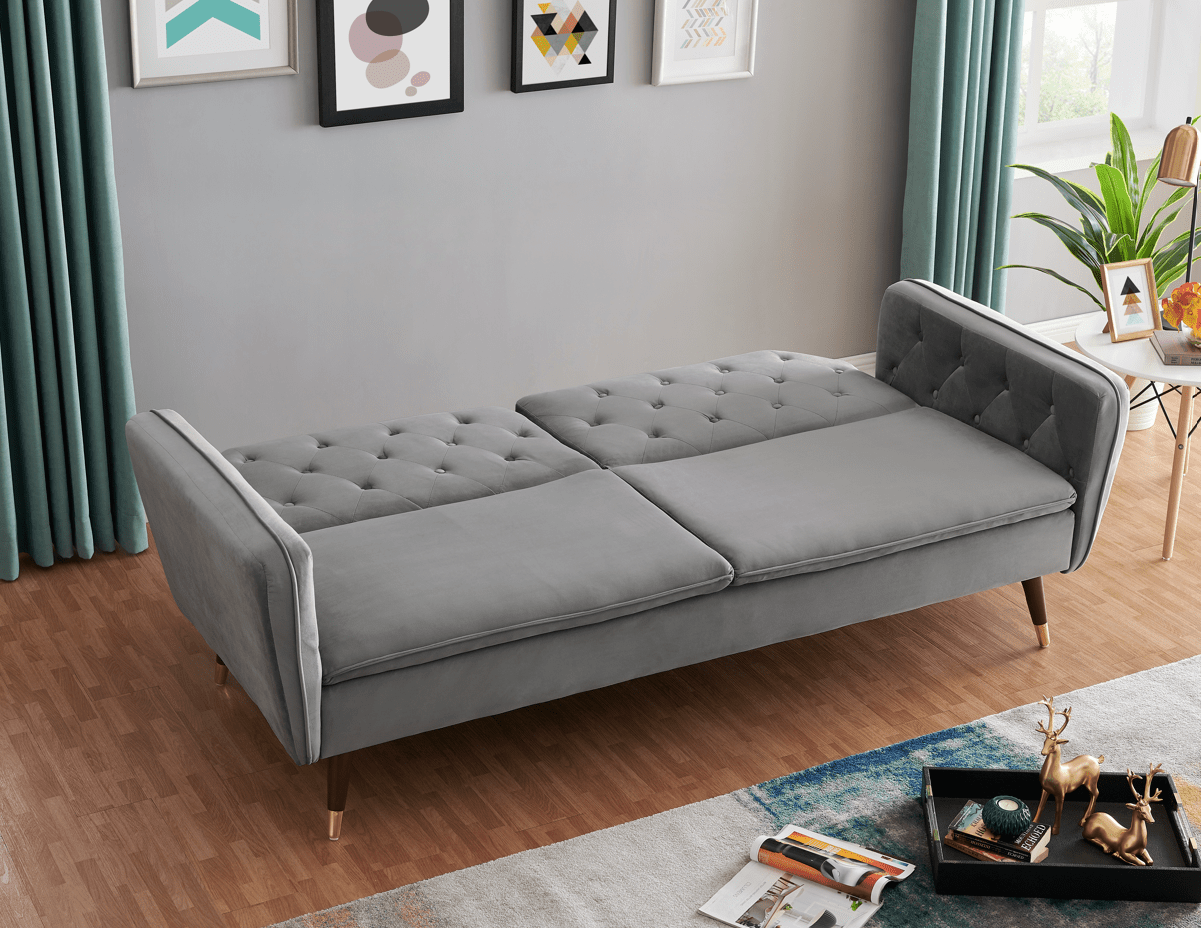 3 Seater Sofa Bed Grey Velvet Button Back - Victoria - Bargainia.com - 