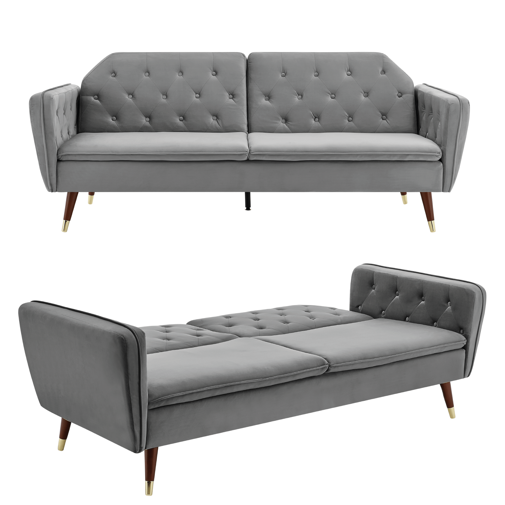 3 Seater Sofa Bed Grey Velvet Button Back - Victoria Sofas Bargainia