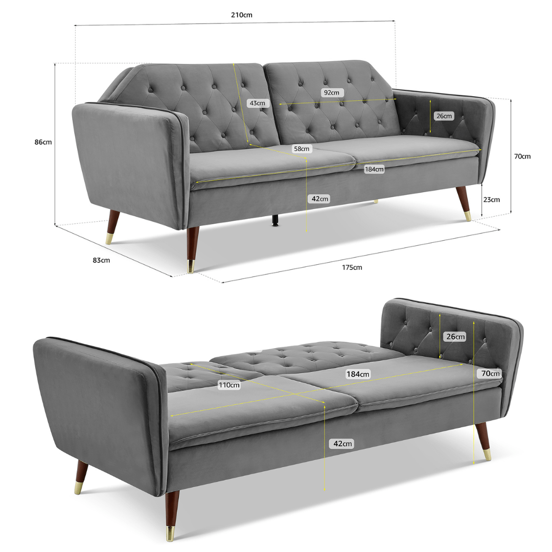 3 Seater Sofa Bed Grey Velvet Button Back - Victoria - Bargainia.com - 