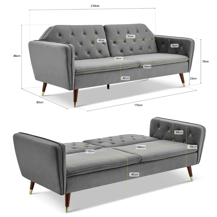 3 Seater Sofa Bed Grey Velvet Button Back - Victoria - Bargainia.com - 