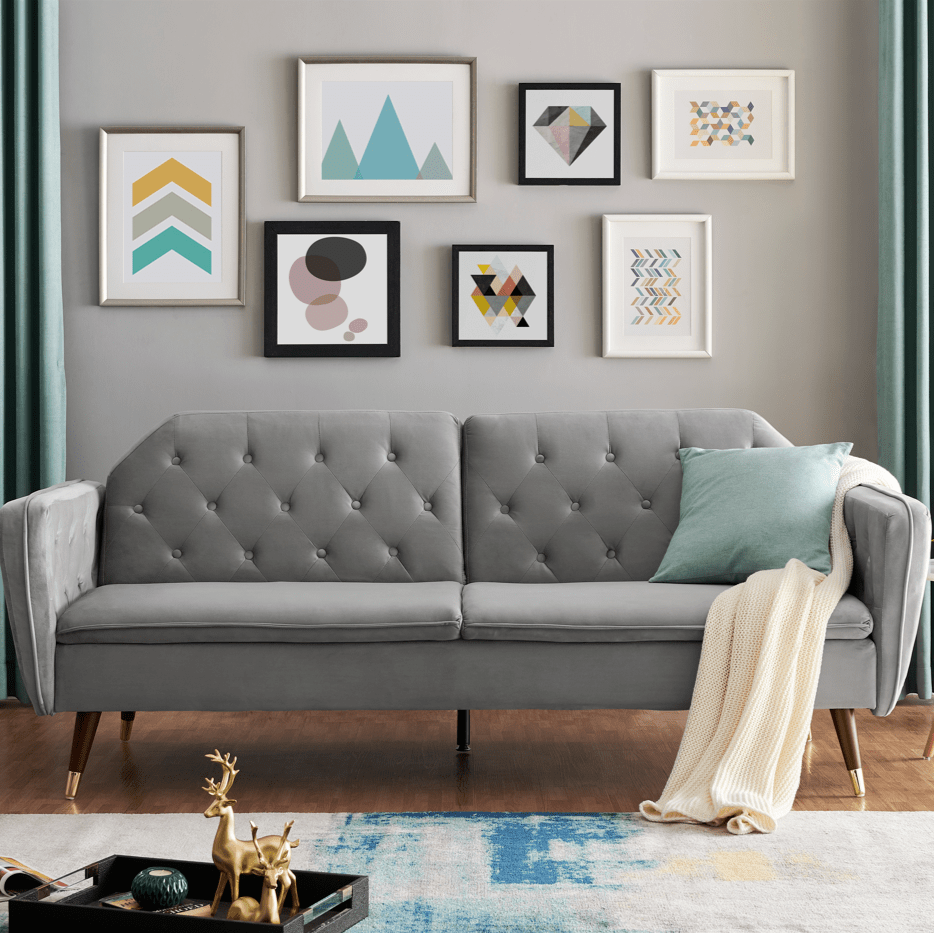3 Seater Sofa Bed Grey Velvet Button Back - Victoria Sofas Bargainia
