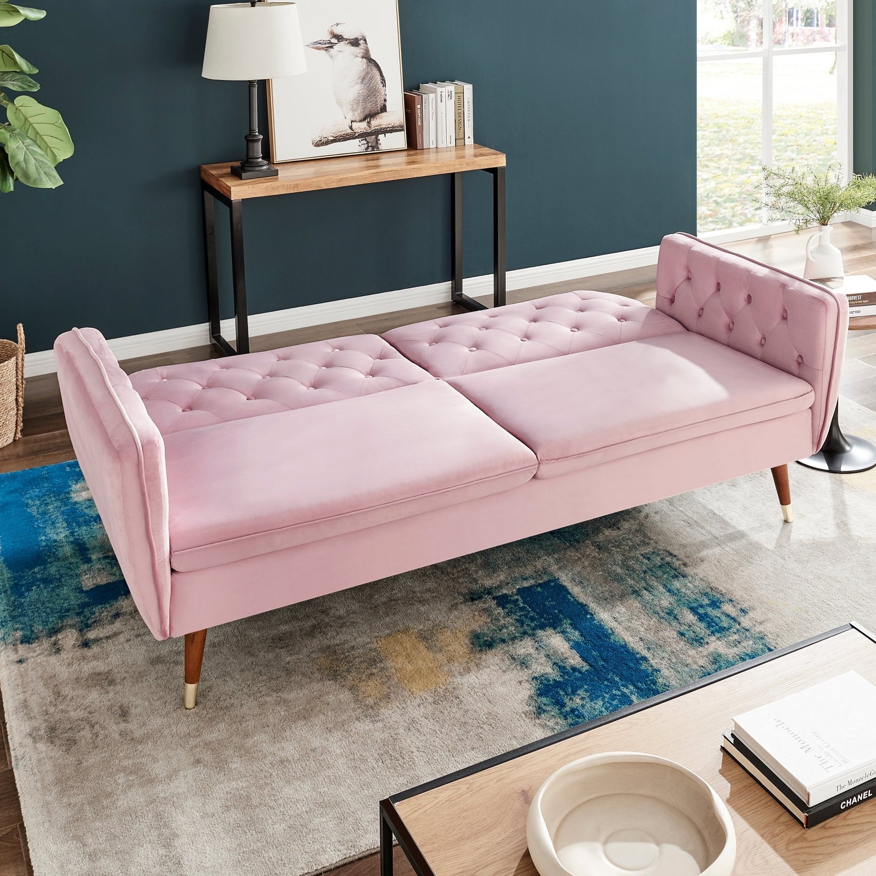 3 Seater Sofa Bed Pink Velvet Button Back - Victoria - Bargainia.com - 