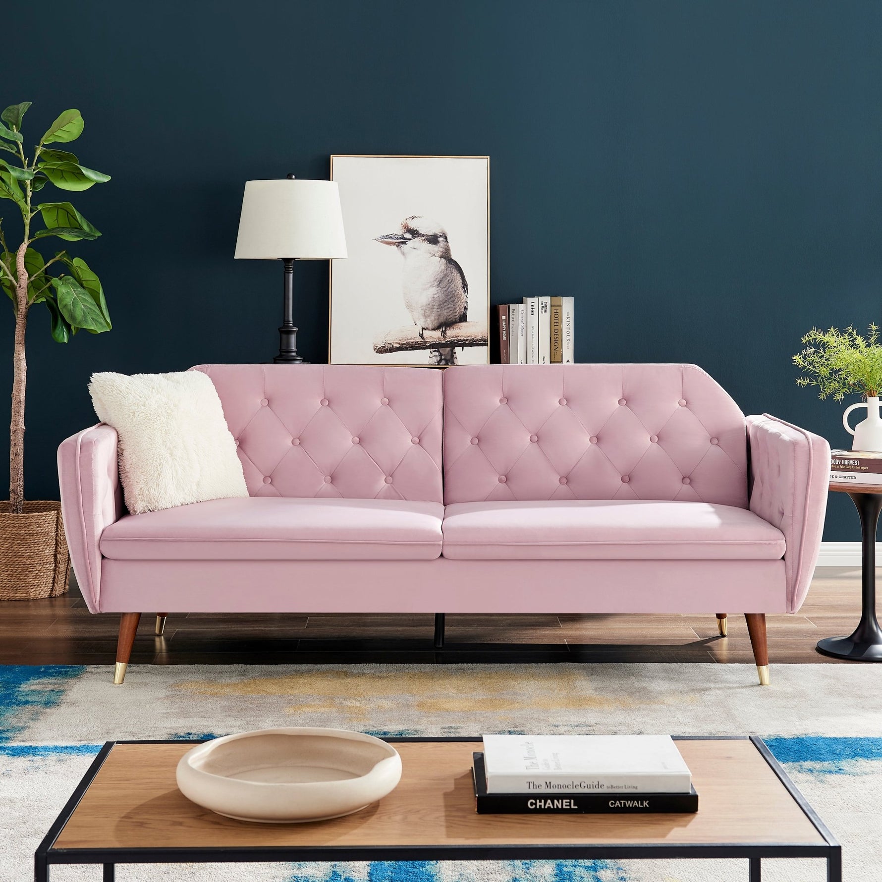 3 Seater Sofa Bed Pink Velvet Button Back - Victoria - Bargainia.com - 