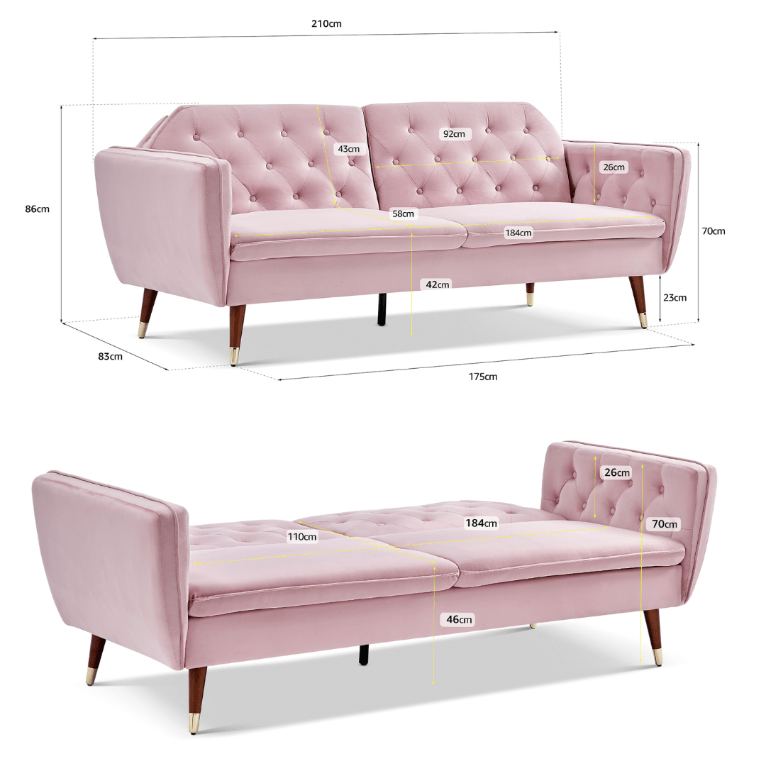 3 Seater Sofa Bed Pink Velvet Button Back - Victoria - Bargainia.com - 