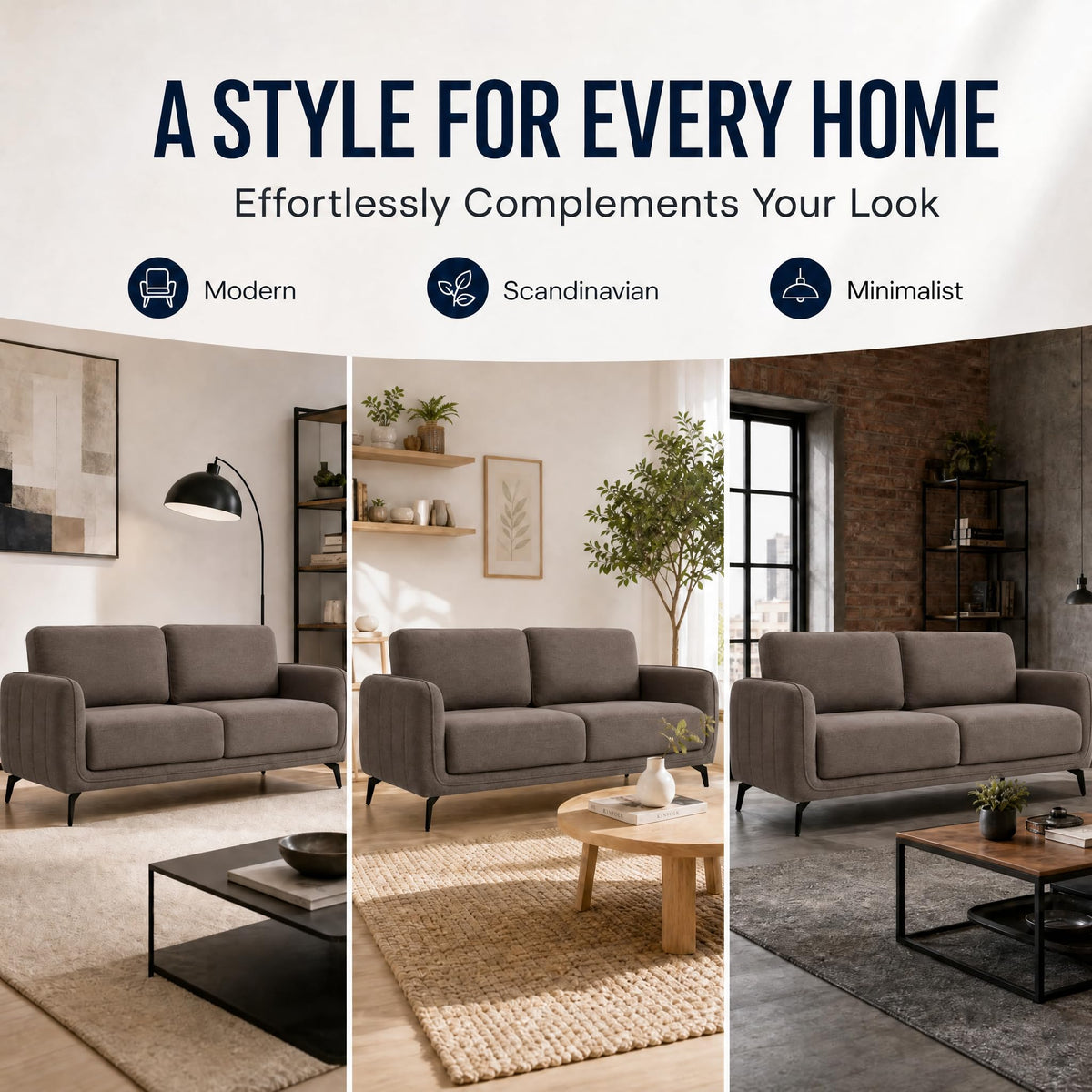 Brixton Dark Brown Linen Look Fabric 3 Seater Sofa, Modern Couch with Foam Cushions and Black Steel Legs