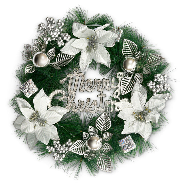 Silver Merry Christmas Poinsettia Artificial Christmas Wreath - 30cm-Bargainia.com