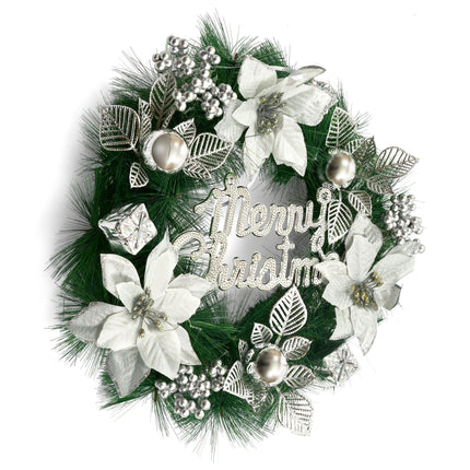 Silver Merry Christmas Poinsettia Artificial Christmas Wreath - 30cm-Bargainia.com