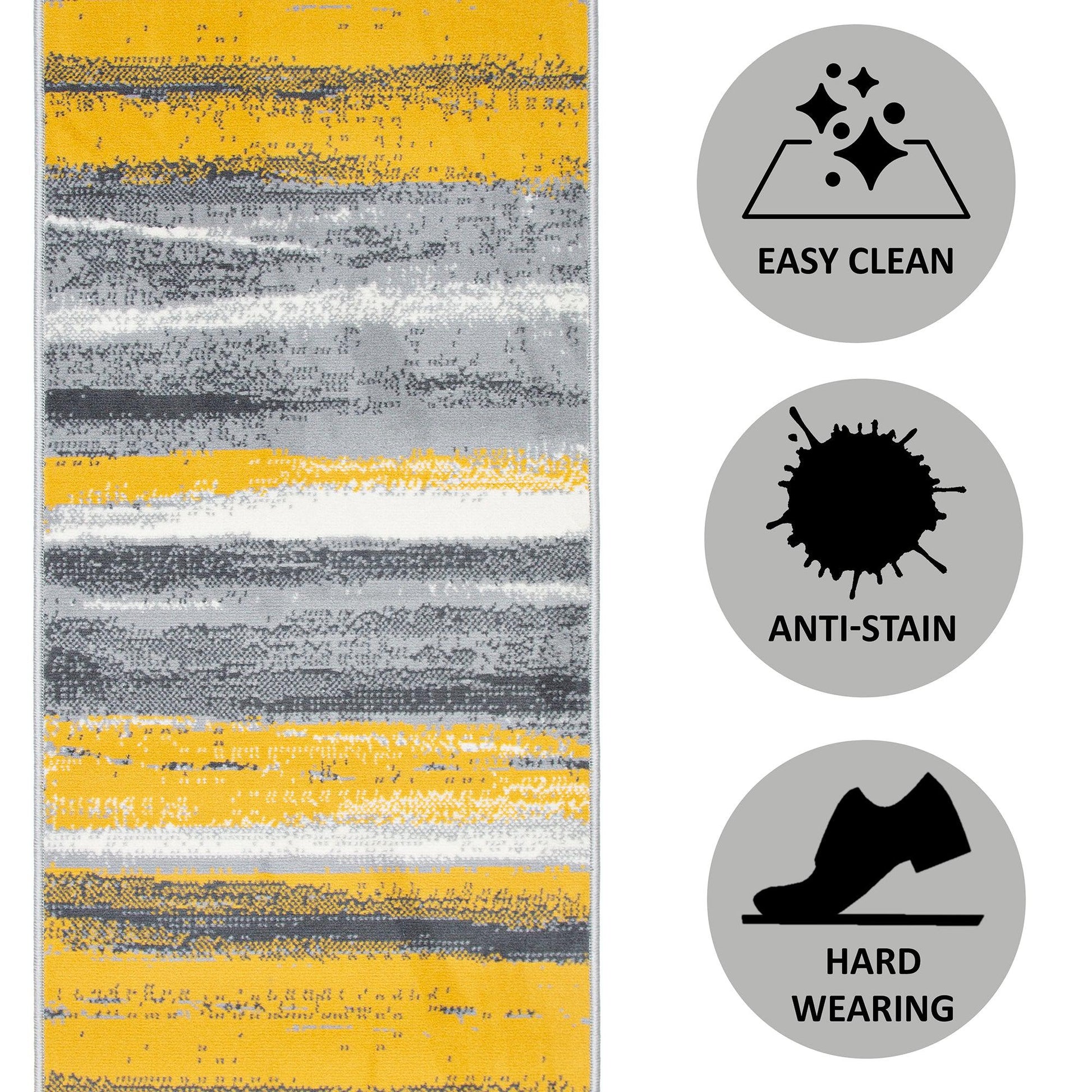 Stair Runner Hard Wearing Kitchen Mat- Texas Abstract Lines Yellow, Grey & White Stair Runner Rug Masters