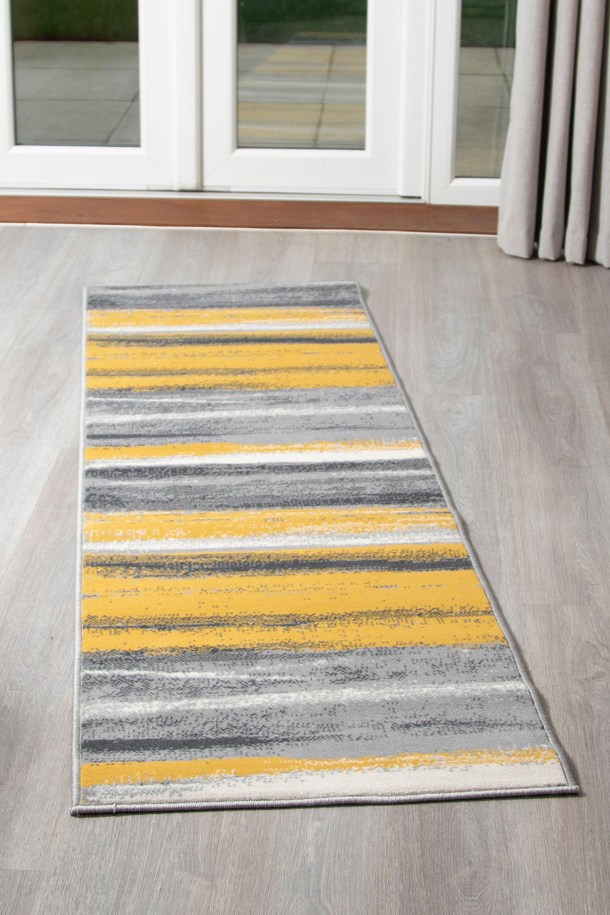 Stair Runner Hard Wearing Kitchen Mat- Texas Abstract Lines Yellow, Grey & White Stair Runner Rug Masters