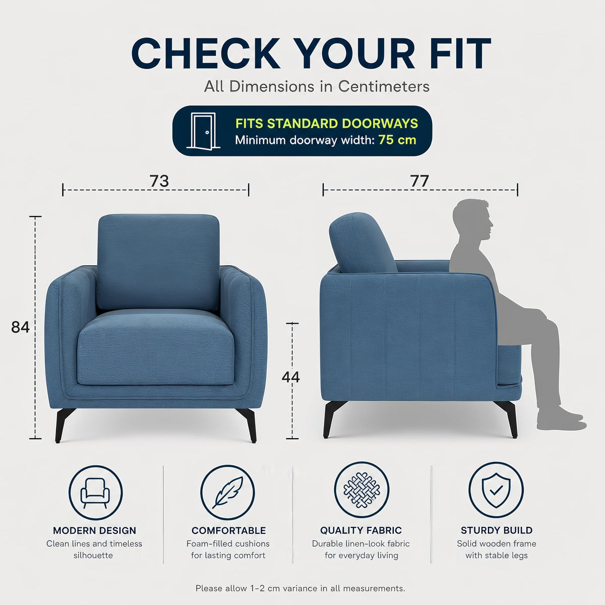 Brixton Blue Linen Look Fabric Armchair, Modern Accent Chair with Solid Wood Frame and Black Steel Legs