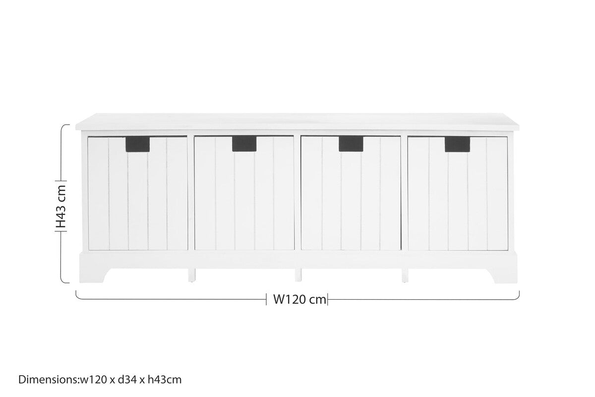 New England White Storage Bench with 4 Drawers