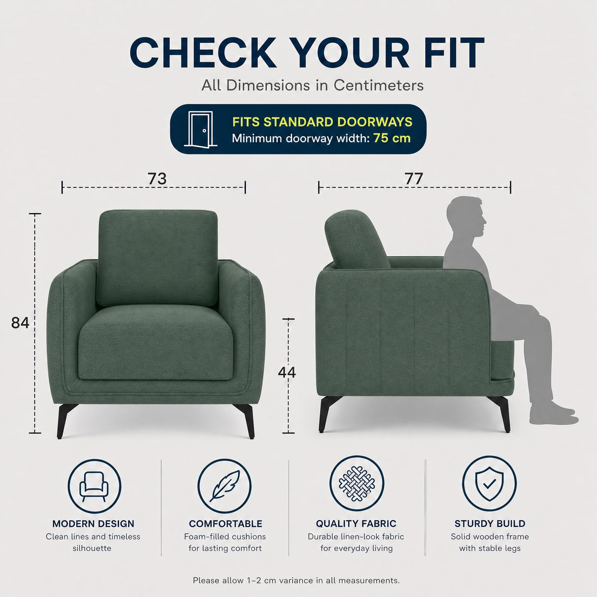 Brixton Green Linen Look Fabric Armchair, Modern Accent Chair with Solid Wood Frame and Black Steel Legs