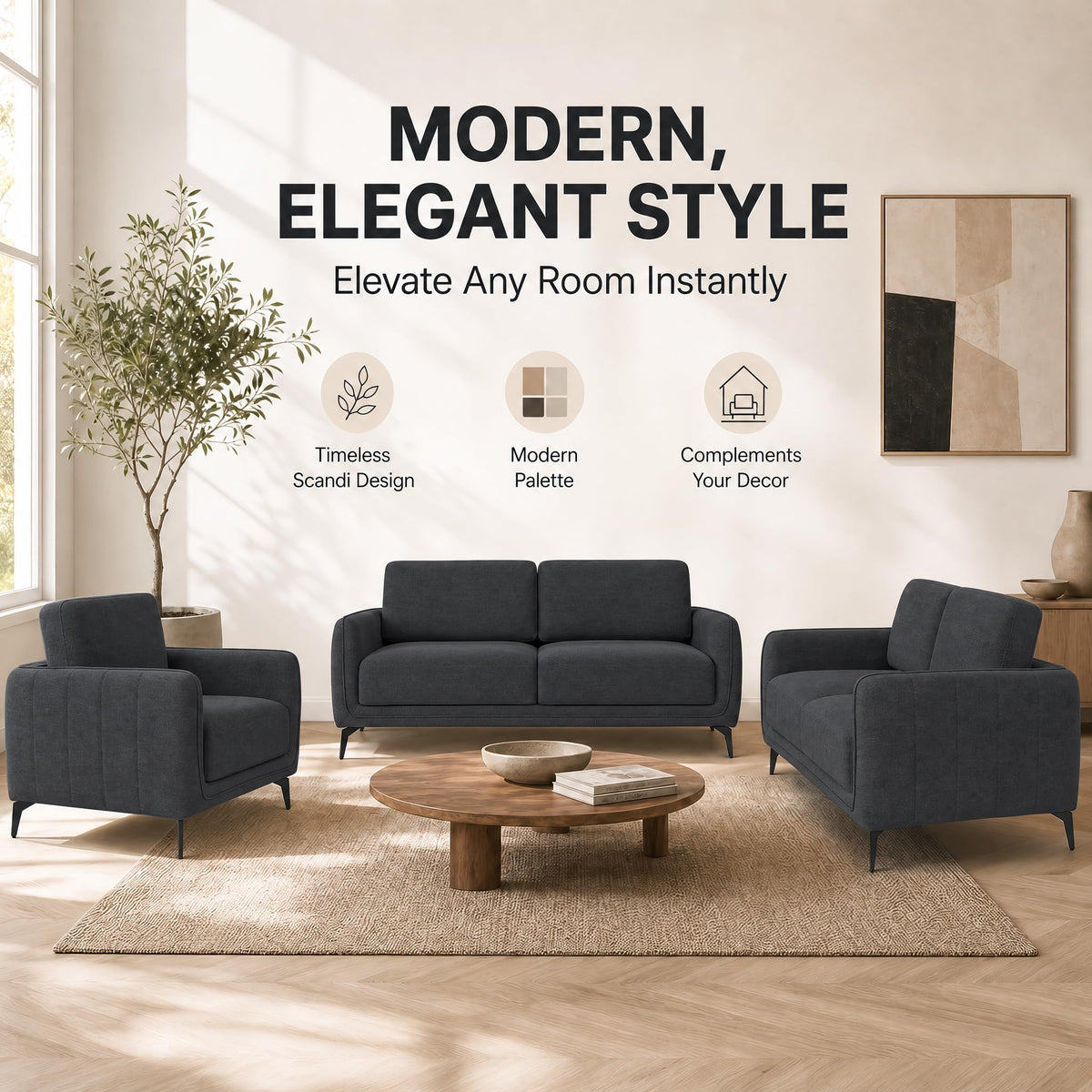 Brixton Dark Grey Fabric Sofa Suite, Armchair, 2 Seater and 3 Seater Set, Linen Look with Solid Wood Frame