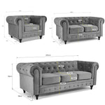 Chesterfield Velvet Sofa Suite, Grey, 3 Piece Set with Armchair, 2 Seater and 3 Seater, Button Back