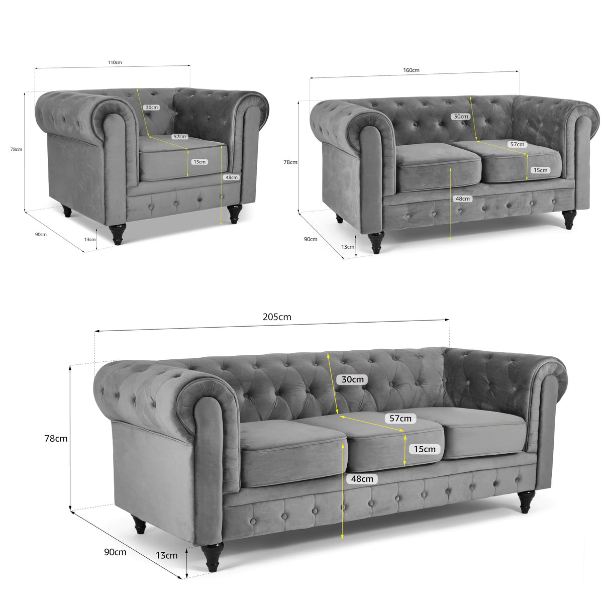 Chesterfield Velvet Sofa Suite, Grey, 3 Piece Set with Armchair, 2 Seater and 3 Seater, Button Back